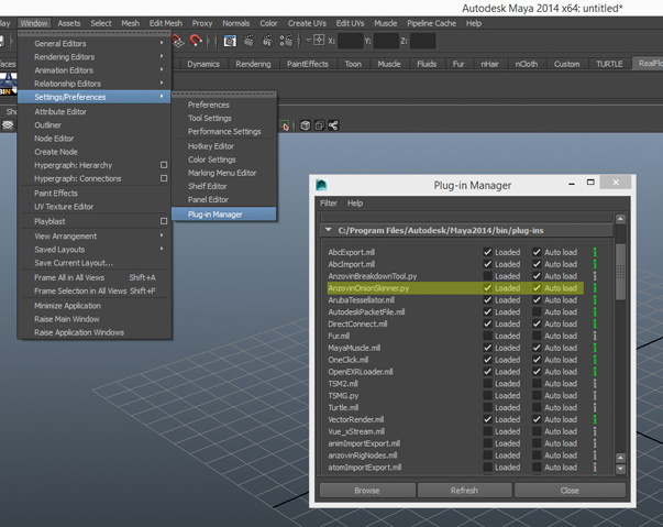 Img 4: Attivazione della plug-in sviluppata da Anzovin Studio all'interno del Plug-in Manager di Maya.